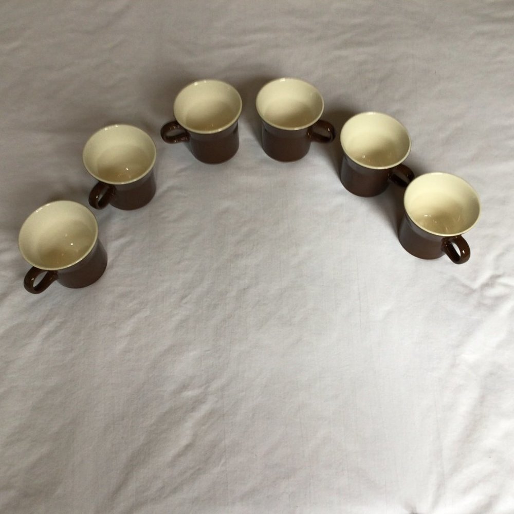 Set of Six Brown and Cream colored Ceramic Coffee Mugs